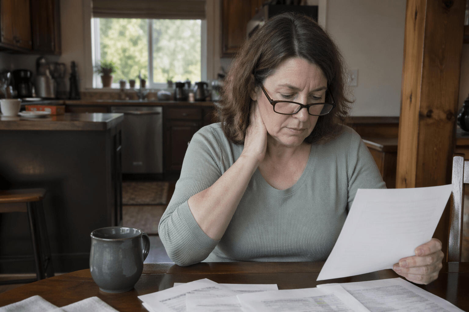 Homeowner sitting at kitchen table reviewing paperwork